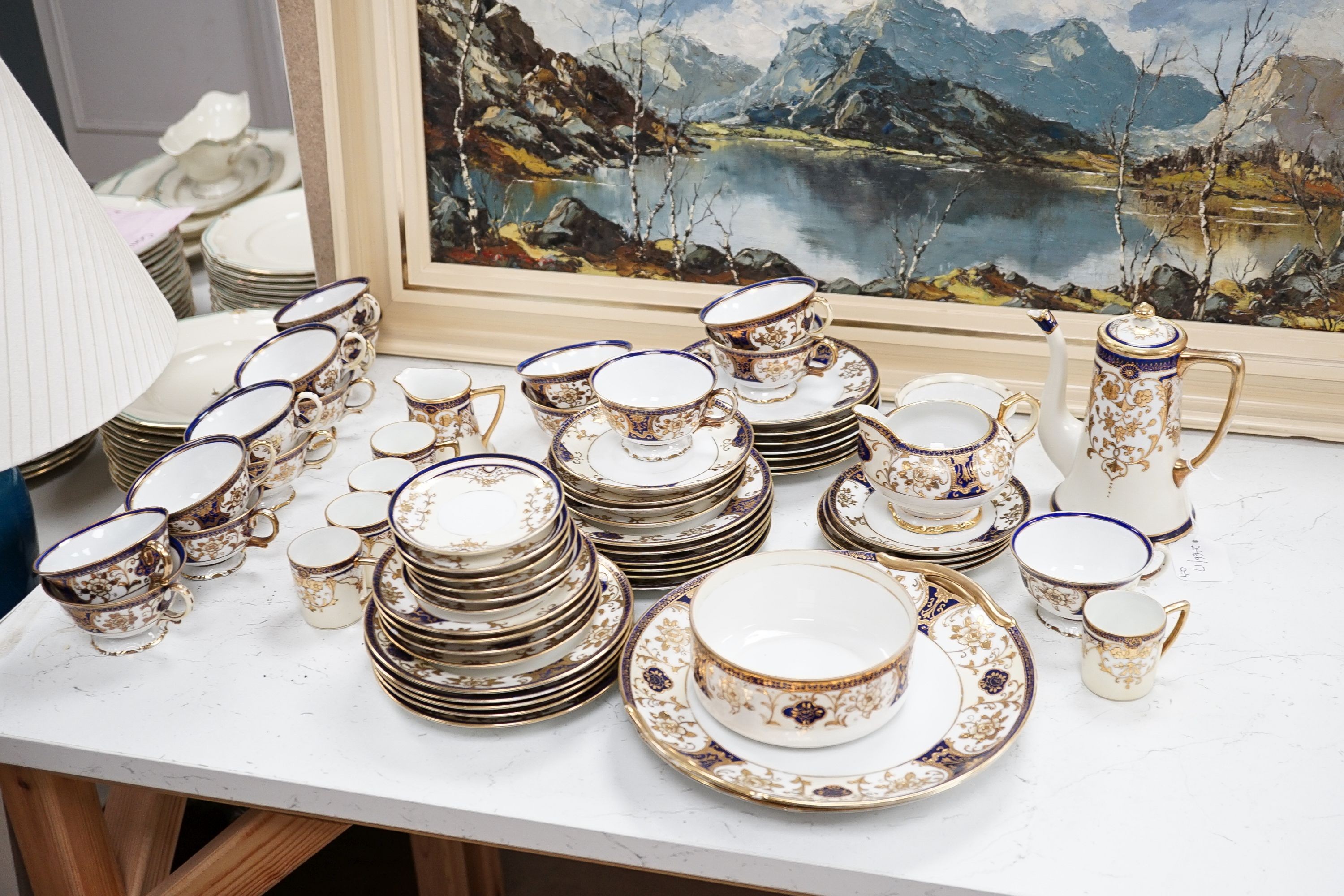 An extensive Noritake tea and coffee service with cobalt blue and gilt decoration